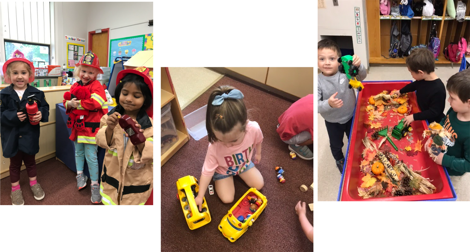 Three girl firefighters, girl playing with buses and little people, three boys celebrating fall with toys in plastic table.